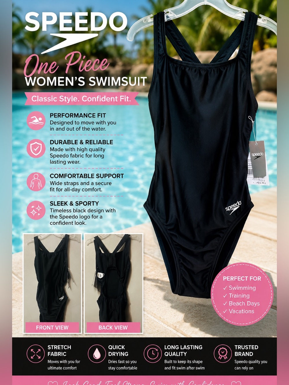 NWT Women’s Speedo Jet Black Swimwear